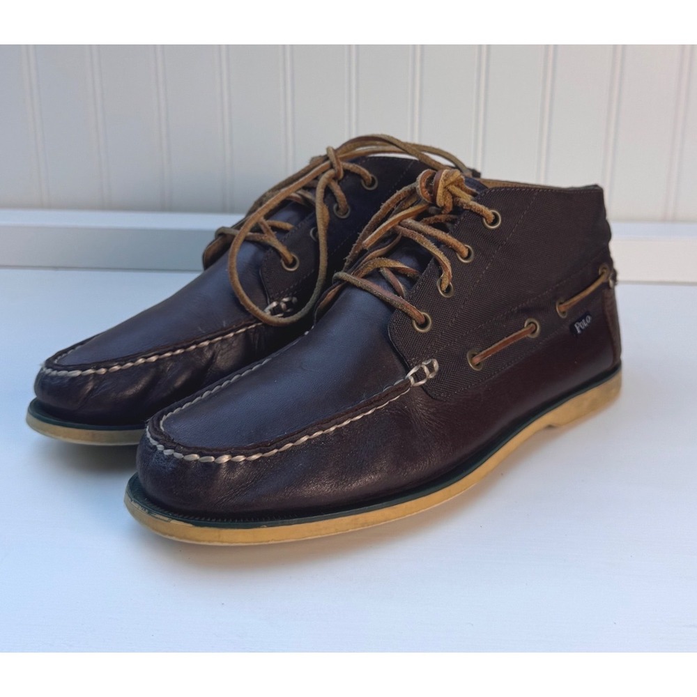 Polo‎ Ralph Lauren Brawley Mens 8D Dark Brown Leather Canvas Chukka Boat Boots